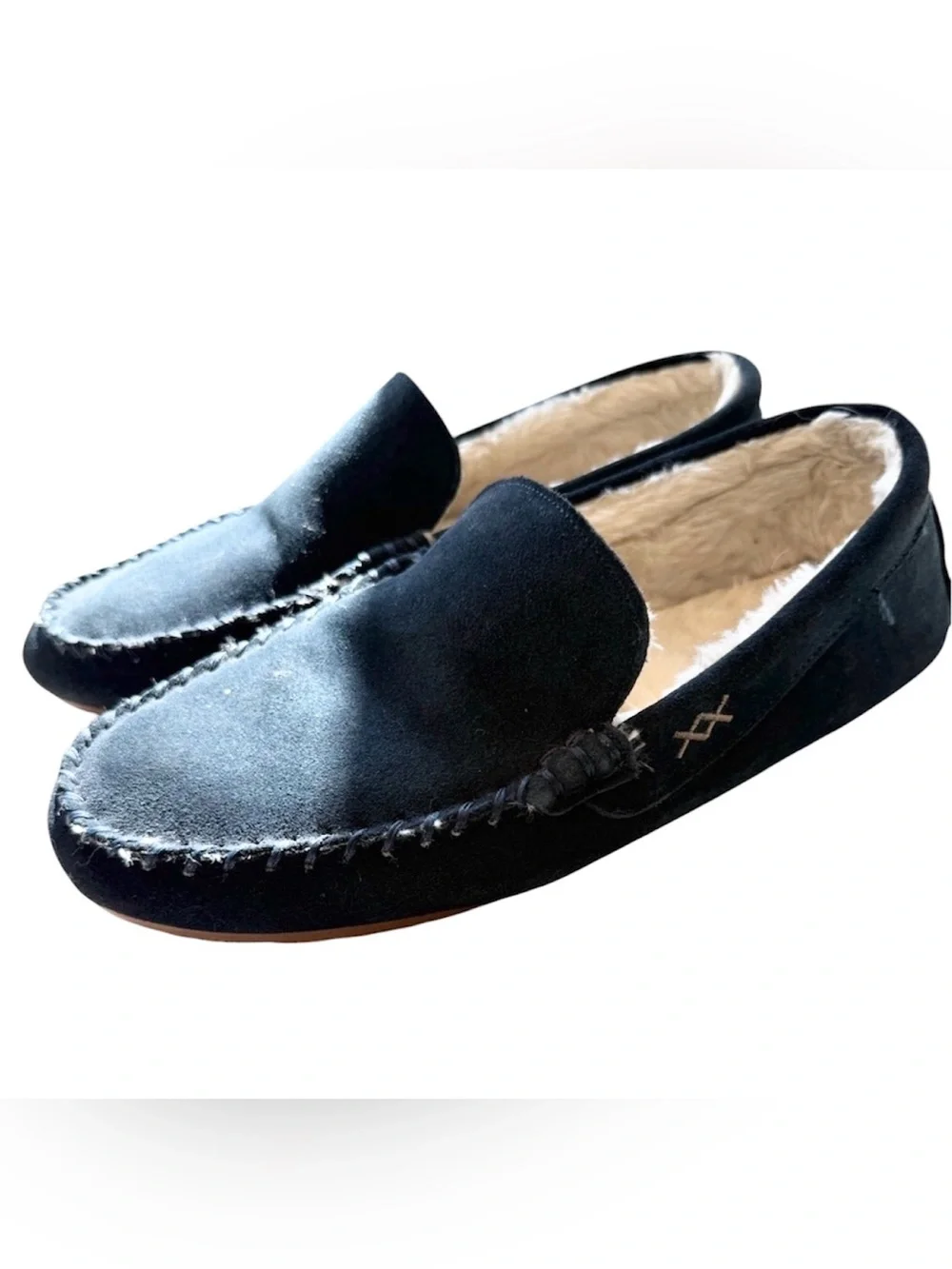 Men’s Lands' End Suede Moccasin Slippers Size 9 Navy Blue with Hard Soles